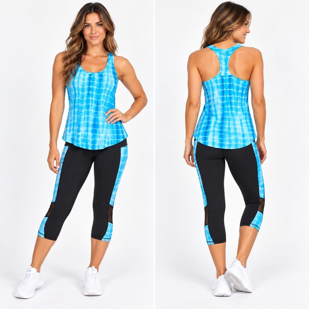 Blue Tie Dye Activewear Set Racerback Tank Top and Mesh Panel Leggings